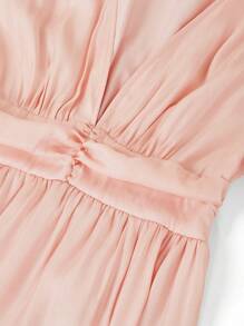 Ellevyn 优雅女士褶饰腰带喇叭下摆开衩中长连衣裙，奢华感适合社交场合 - 藕粉色 - 查看 10