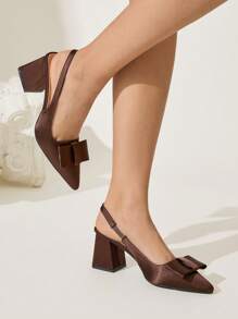 CUCCOO CHICEST 女士优雅方头粗跟一脚蹬高跟鞋，带蝴蝶结装饰，巧克力棕色，适合工作、约会、下午茶，百搭衣橱必备