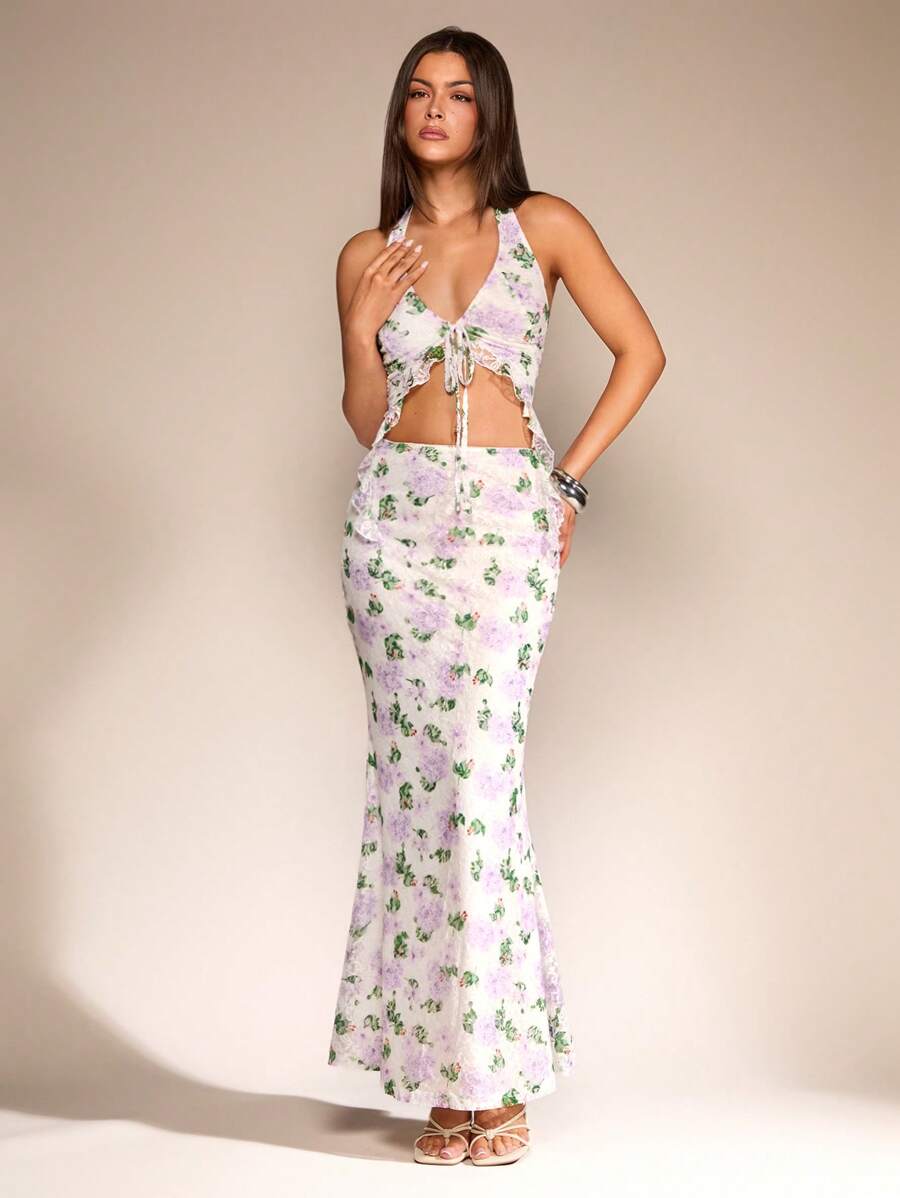 Glamine 女士时尚性感度假浪漫两件套：露背露背背心和修身长荷叶边下摆长裙，腰部白色花卉蕾丝边，随机花朵图案 - 彩色 - 查看 1
