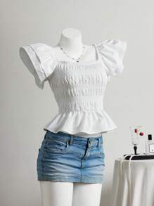 SHEIN Unity 褶皱细节紧身短款上衣，休闲百搭度假装，春夏