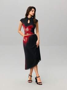 SHEIN MOD 传统中式黑色旗袍上衣和裙子套装，时尚夏季穿着 - 黑色 - 查看 1