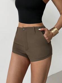 Firerie Shorts courts mi-taille élégants, décontractés, de loisirs, avec poches, en marron, convenant pour la plage, l'aéroport, les sorties décontractées quotidiennes - Tabac - Voir 5