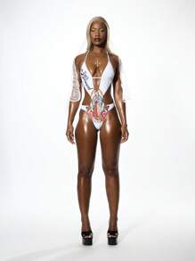 SUMWON WOMEN Graphic Print Monokini One Piece Swimsuit High Cut Cross Script Back Beach Vacation Renaissance Art Summer Pool Party Bathing Suit - White - View 3