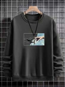 SHEIN Cottnline Men's Round Neck Hand Print Oversized Sweatshirt - Black - View 3