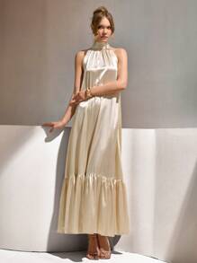 CLARA VERO Sleeveless Solid Color Ruffle Hem Tie Waist Elegant Dress - Beige - View 6