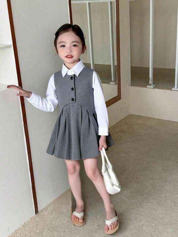 SHEIN Genkimix Kids 3pcs Young Girl Casual Outfit - Asymmetrical Vest, Solid Color Shirt, And Pleated Skirt Set, Spring/Fall