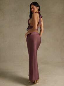 Hauture Women's Summer Sexy Casual Side Ruched With Front Metal Decor Maxi Skirt