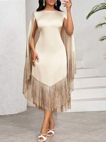 SHEIN Lady Váy dài vừa phải tua rua dệt màu trơn cho ngày lễ của phụ nữ bằng vải satin Váy sinh nhật & sự kiện / Váy công sở / Váy nhà thờ / Váy cưới / Váy ngày lễ, Váy cho phụ nữ mùa hè, Váy tua rua - Màu be - Xem 1