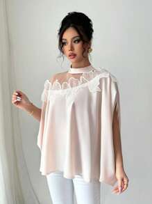 Elenzga Damen elegantes Mesh Patchwork Applikation Dekor Fledermausärmel Bluse - Aprikosenfarben - Übersicht 4