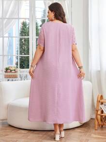 Lacomfia 大码女式夏季 V 领短袖蕾丝拼布纹理提花面料优雅休闲中长连衣裙 - 粉色 - 查看 2