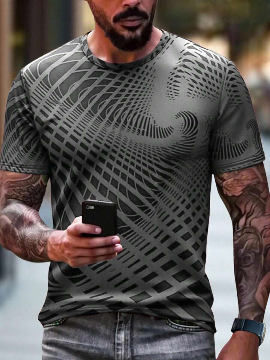 Manfinity LEGND Men's Fashionable Geometric Print Short Sleeve T-Shirt, Summer - Grey - View 1