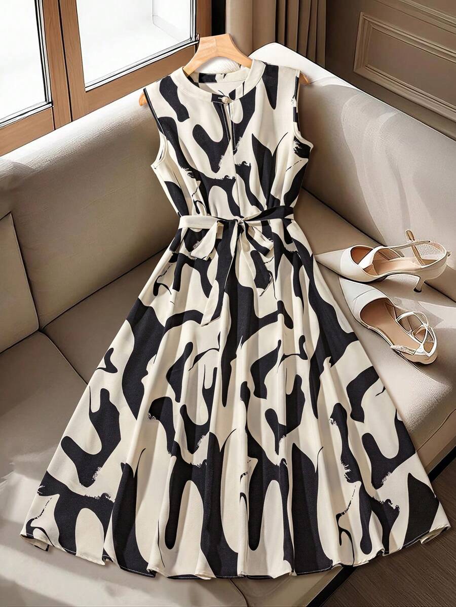 Franclia 黑白抽象印花立领无袖系带连衣裙 - 黑與白 - 查看 1