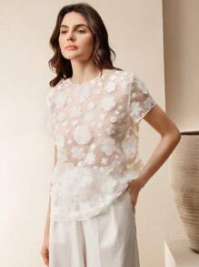 Anewsta Women's Elegant Round Neck Short Sleeve Floral Mesh Hollow Blouse - White - View 5