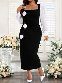 SHEIN Tall Plus Size Elegant Contrast Color Block 3D Floral Decor Dress - Black - View 1