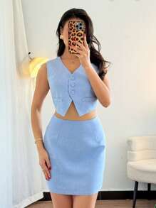Chiquease 2Pcs Women's Set: Sleeveless Top With Button Detail + A-Line Skirt - Blue - View 4