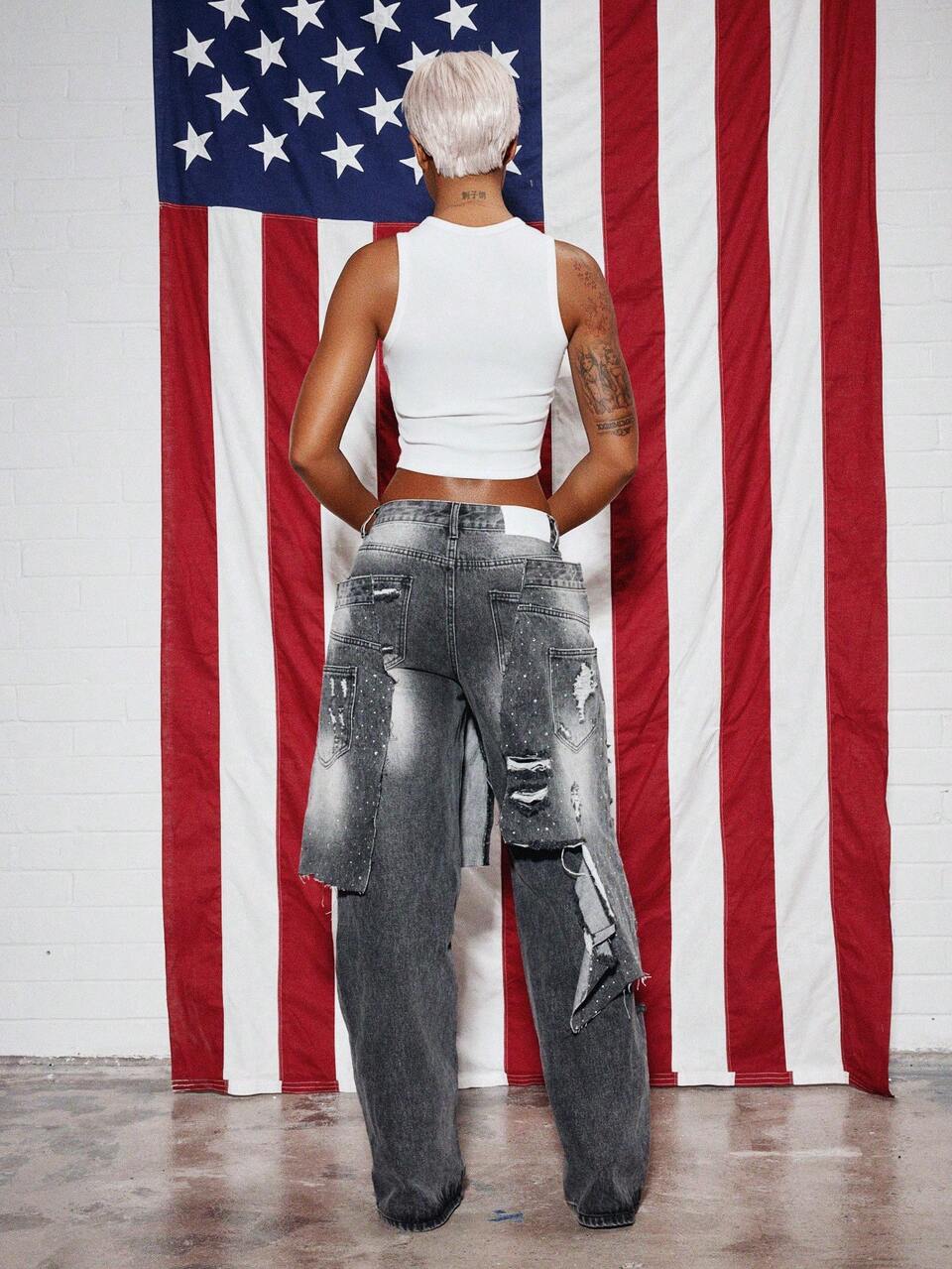 SUMWON Festival Sparkle Stars Wide Leg Ripped Distressed Edgy Double Layer Two-In-One Jeans Hip Hop Streetwear