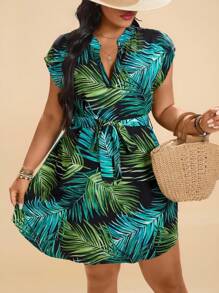 Travachic Plus Size Women Tropical Plant Print V-Neck Batwing Short Sleeve Casual Dress,Beach Dress Sundress,Holiday Outfits Boho - Multicolor - View 8