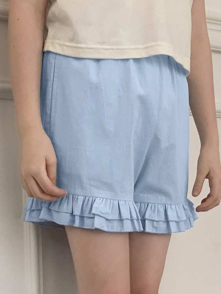 Tween Girl Solid Color Ruffle Hem Pocketed Fashion Shorts, Summer, Back To School