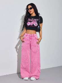 SHEIN PETITE Women's Pink Jeans Heart Pattern Y2K Summer Wide Leg Pants Comfortable Elastic Waistband - Pink - View 5