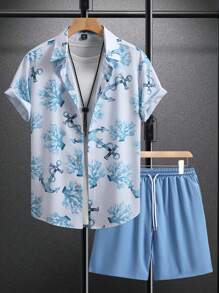 Manfinity RSRT Set de 2 piezas camisa de manga corta y pantalón corto casuales de vacaciones con estampado de ancla y coral para hombres