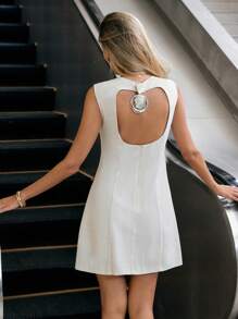 Siren Gaze Linen Open Back Holiday Sundress, Casual Holiday Island Style A White Mini Dress For Women, Hollow Metal Decoration Fashion Dress,Elegant Dress Summer - Apricot - View 7