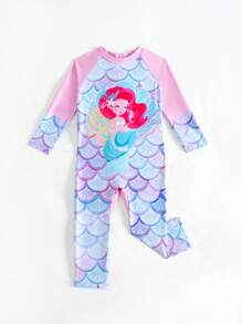 SHEIN 女童泳衣 女宝宝连体泳衣 长袖长裤泳衣 可爱卡通美人鱼涤纶数码印花紫色渐变鱼鳞印花连体泳衣 婴儿泳衣女孩