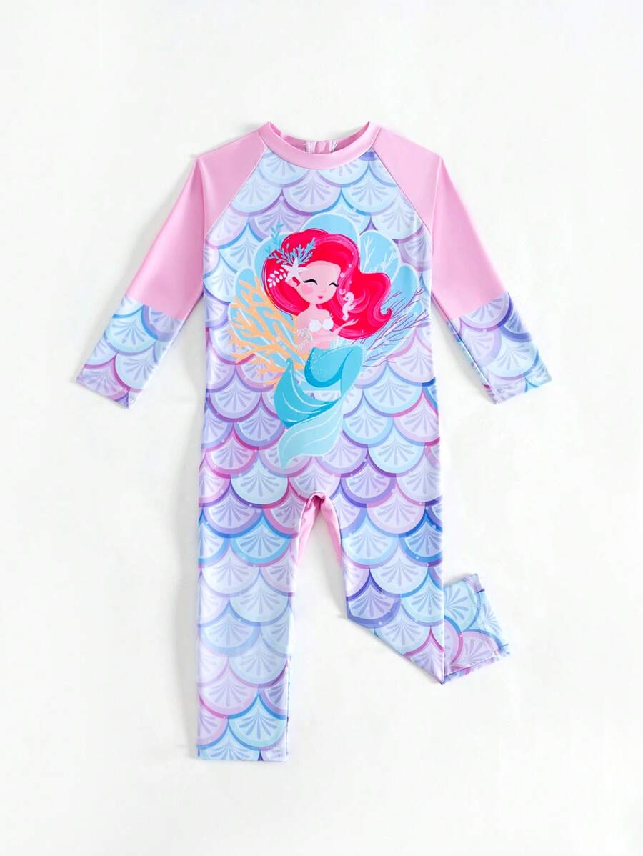 SHEIN Đồ bơi cho bé gái, áo tắm liền thân dài tay và quần dài, họa tiết nàng tiên cá hoạt hình dễ thương, chất liệu polyester, in kỹ thuật số, màu tím gradient, họa tiết vảy cá, áo tắm liền thân cho bé gái. - Nhiều màu - Xem 1