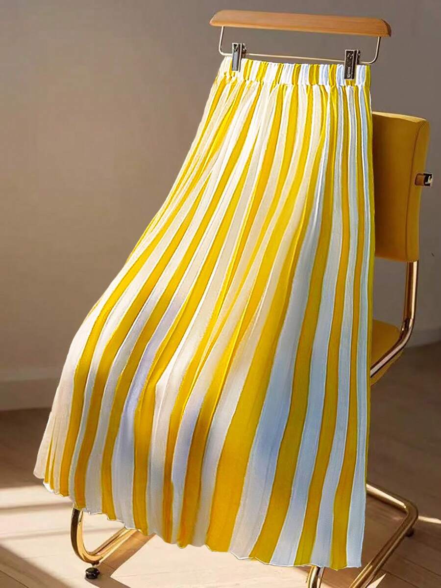 SHEIN Clasi 女士优雅百褶夏季半身裙 - 黃色 - 查看 1