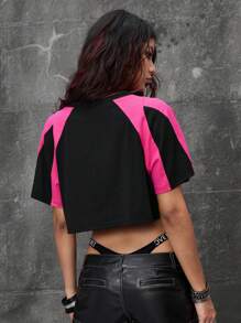 ROMWE Street Life Camiseta corta casual y sexy con estampado suelto de estrella de fútbol y eslogan - Rosa - Ver 3
