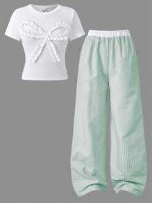 SHEIN Explorewe Spring/Summer Tween Girls 2pcs ME Set: Cute Ruffle Bow Decor Round Neck Short T-Shirt + Contrast Stripe Wide Leg Pants, Casual Design For Daily, Hangout, Holiday For Girl Outfit For Girl