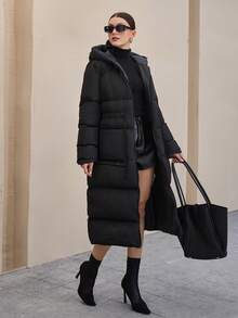 EURMUSE Casual Style, Keep Warm Feature Waterproof Long Line Patch Pocket Detailed Maxi Oversized Padded Coat Long Puffer Coat Women Long Hooded Coat Long Winter Coat Women Womens Long Coat Long Winter Jacket Women Womens Winter Coats - Black - View 6