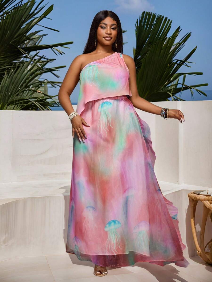 Slaydiva 2-Piece Set: Music Festival Elegant Gradient Print Organza Maxi Skirt & Asymmetric Hem Sleeveless Top, For Women Plus Size, Spring/Summer 2025 - Multicolor - View 1