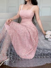 DAZY Vestido sin mangas con parches de lentejuelas para mujer, vestido de gala de lujo