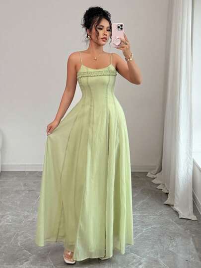 Elenzga 女士优雅法式连衣裙，适合海滩度假、办公室通勤、音乐节、正式场合，带有褶皱、荷叶边下摆、收腰、喇叭裙、可调节肩带，适合春夏季