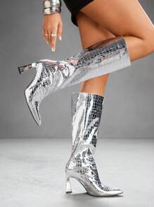CUCCOO SZL 女士时尚银色鳄鱼纹宽筒尖头细高跟长靴 - 銀色 - 查看 8