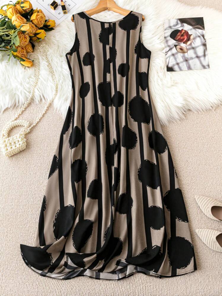 EMERY ROSE Abito lungo da donna taglie forti con stampa a cerchi e strisce, senza maniche - nero - Visualizzare 2