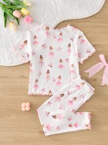 SHEIN LMoss Kids 2 件套年轻女孩可爱卡通图案荷叶边圆领短袖和裤子针织舒适家居服套装