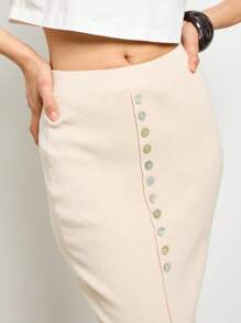AiiRZ Ribbed Knit Button Detail Midi Skirt Column Pencil Style Autumn Winter Elegant Office Wear - Apricot - View 3