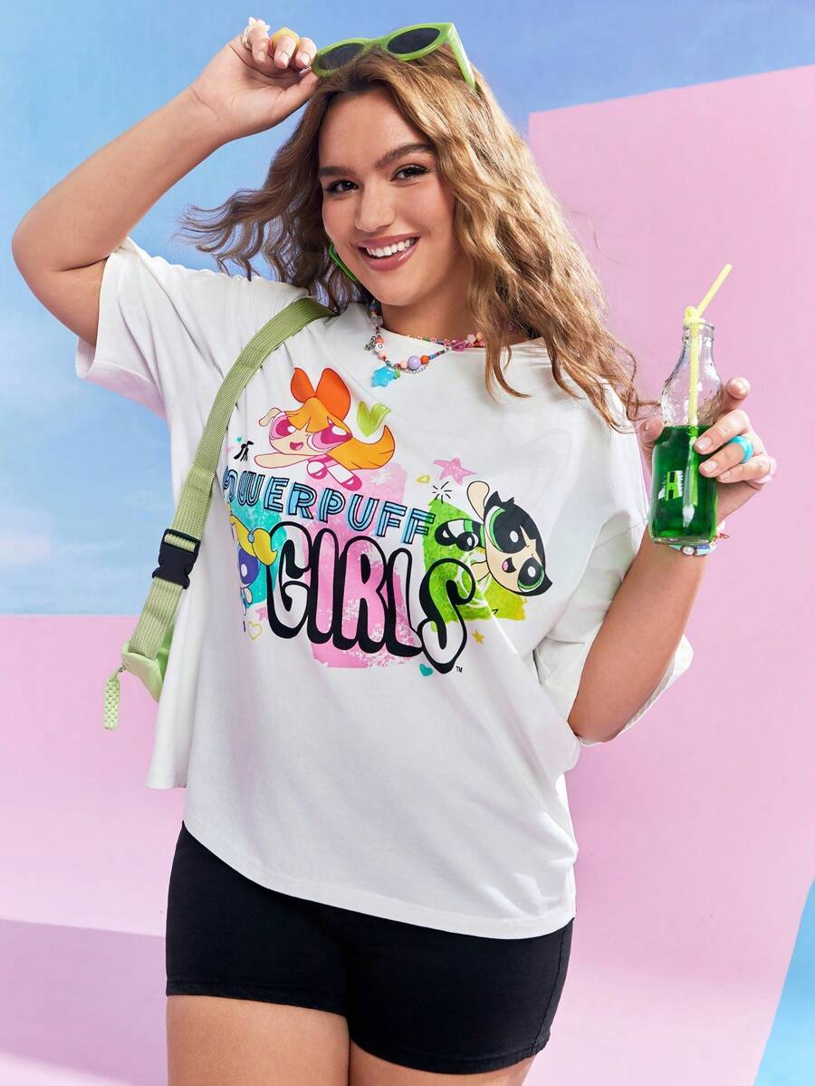 THE POWERPUFF GIRLS X SHEIN Plus Size Women Casual Blossom, Bubbles, Buttercup Pattern Loose Batwing T-Shirt, Summer - White - View 1