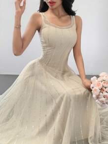 Elegantes Sommerkleid für Frauen mit rundem Ausschnitt, ärmelos, Midi-Länge, mit Pailletten-Dekor, Kleidung für den Schulanfang