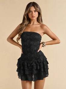 SHEIN BAE Abito mini elegante da donna di colore rosso vino con maniche lunghe in pizzo floreale e orlo arricciato, adatto per appuntamenti, night club, festa di compleanno, San Valentino