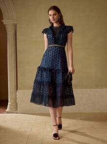 MOTF PREMIUM GUIPURE LACE RUFFLE HEM MIDI DRESS - Navy Blue - View 2
