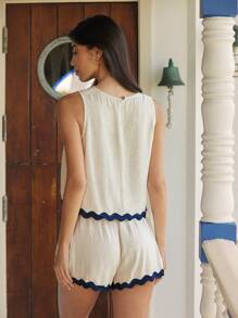 WESTFADE Rayon Linen Blend Western Two Tone Ric Rac Wavy Trim Round Neck Loose Fit Tank Top & High Rise Drawstring Waist Relaxed Fit Shorts Women Two Pieces Matching Sets Summer Boho Cowgirl Casual Cute Elegant Vacation Nashville Country Concert Outfit - Apricot - View 2