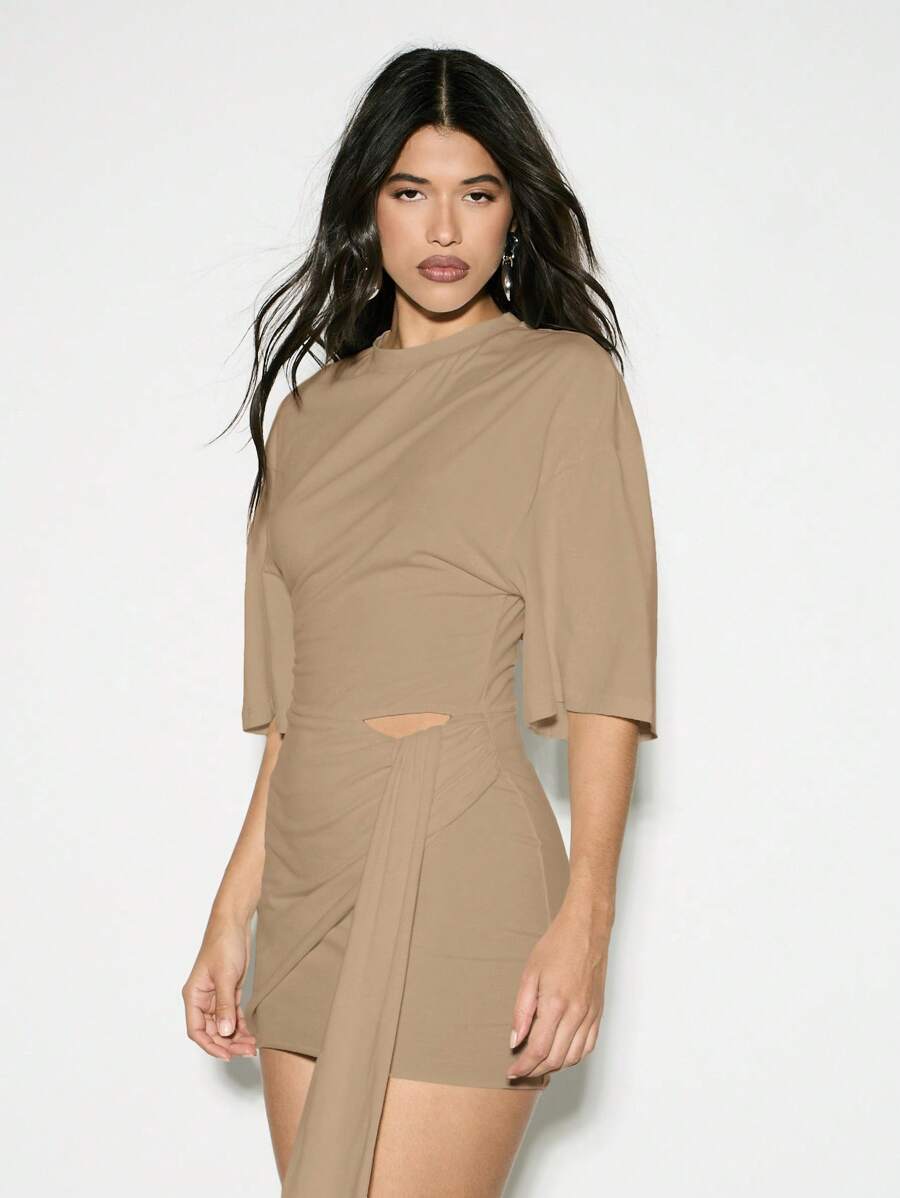 KIZN 镂空迷你连衣裙，不对称垂褶设计，适合晚宴、派对、秋冬春季休闲工作场合，时尚中长款，商务休闲女装，夏季女装 - 咖啡 - 查看 1