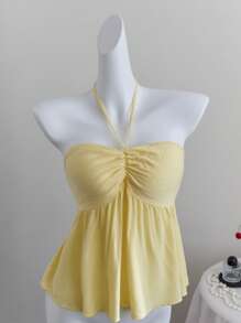 Elamini Women's Summer Casual Solid Color Ruched Criss-Cross Backless Halter Top