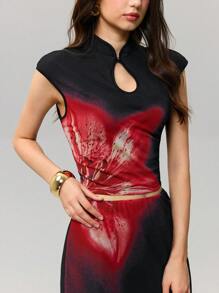 SHEIN MOD 传统中式黑色旗袍上衣和裙子套装，时尚夏季穿着 - 黑色 - 查看 5