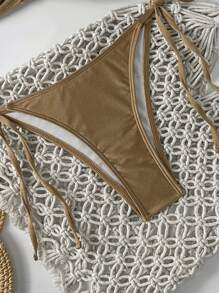 SHEIN 夏季新款闪亮面料可拆卸肩带金色配饰系带比基尼套装 - 咖啡棕 - 查看 6