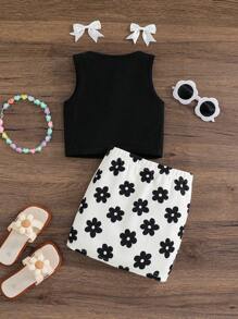 2pcs/Set Young Girl Knit Solid Crew Neck Floral Pattern Top And Knit Plaid Mini Skirt Set, Summer Outfit