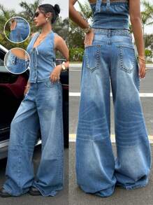 SHEIN EZwear 女士休闲日常水洗铆钉宽松阔腿牛仔裤