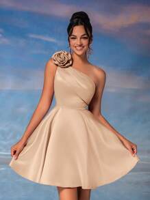 Lovelzi Elegante y lujoso vestido mini de fiesta con asimetría de volantes y flores 3D de color rosa loto - Albaricoque - Ver 7